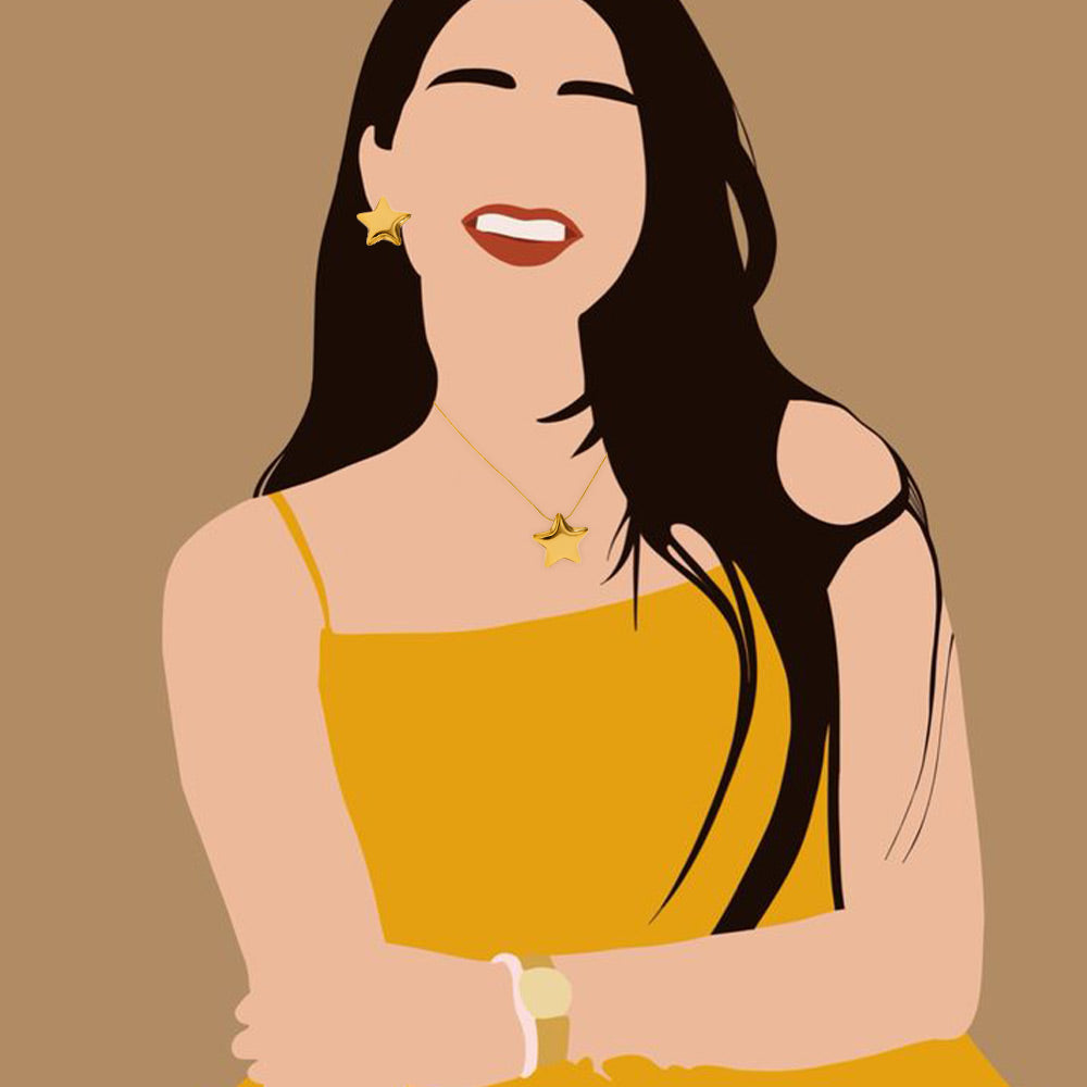 Illustrated lifestyle image of a woman wearing the matching gold-plated star necklace and earrings set.
