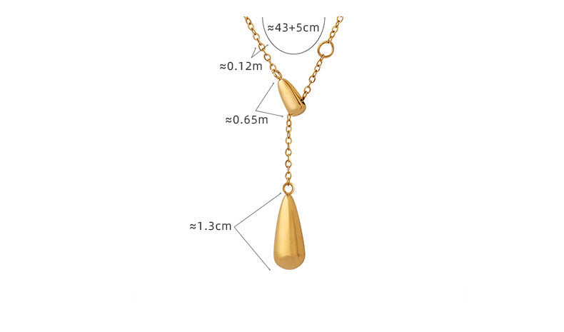 Product diagram showing the measurements of the $43cm + 5cm$ chain and the $1.3cm$ water droplet pendant.