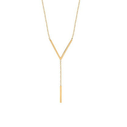 Professional studio shot of the gold-plated 304 stainless steel Y-necklace featuring a geometric V-junction and a long, sleek vertical bar pendant against a white background.