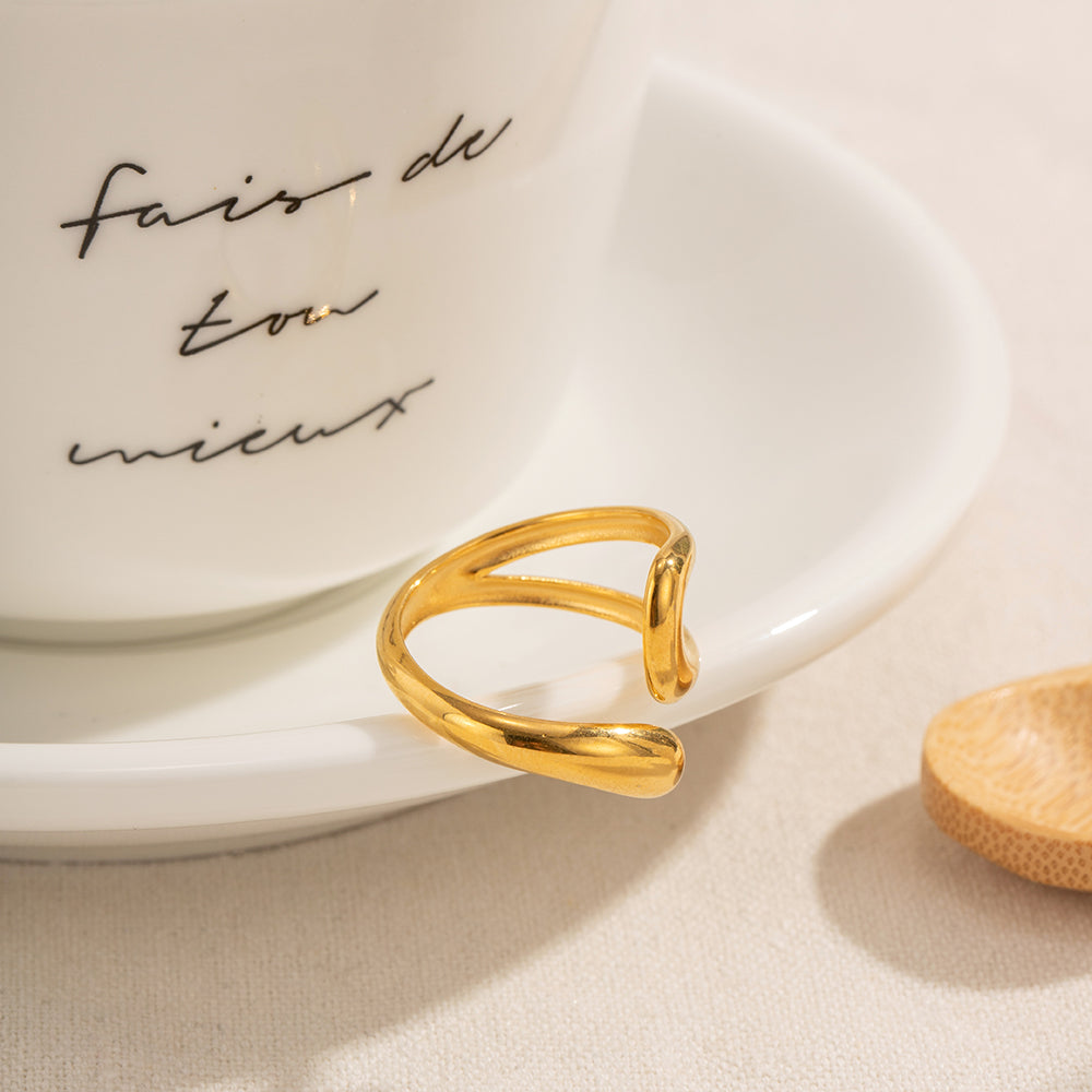 Side view of the waterproof gold statement ring, showcasing the open-back adjustable design.