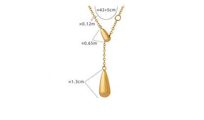 Product diagram showing the measurements of the $43cm + 5cm$ chain and the $1.3cm$ water droplet pendant.